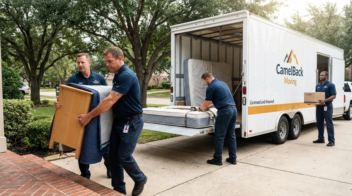 Crew loading residential truck for cross-state move from Sigourney, IA