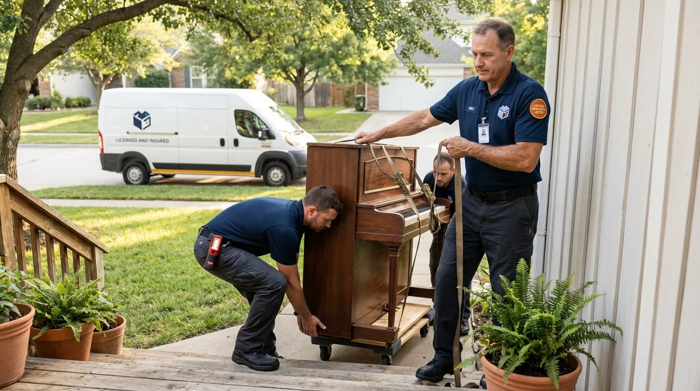 Licensed piano movers securing grand piano in Sigourney, IA