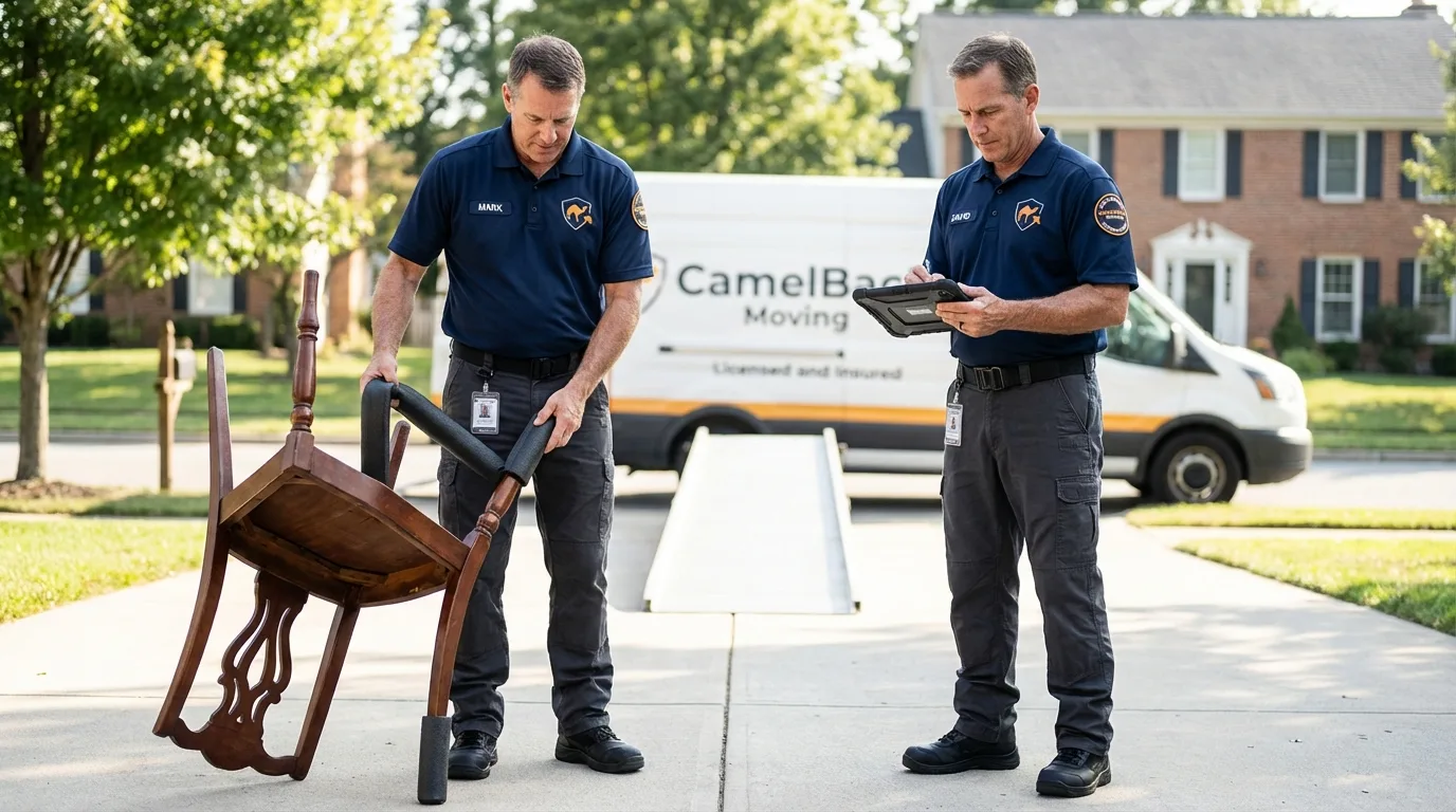 Movers inspecting furniture for damage prevention before loading in Sigourney, IA