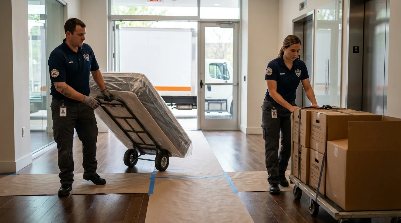 Professional apartment movers loading elevator in Sigourney, IA